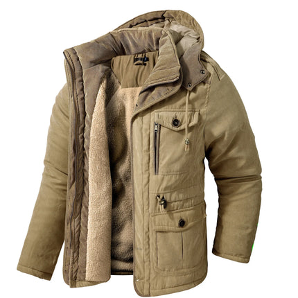 Men’s Hooded Fleece-Lined Cotton Parka – Thickened Mid-Length Winter Coat with Multi-Pockets