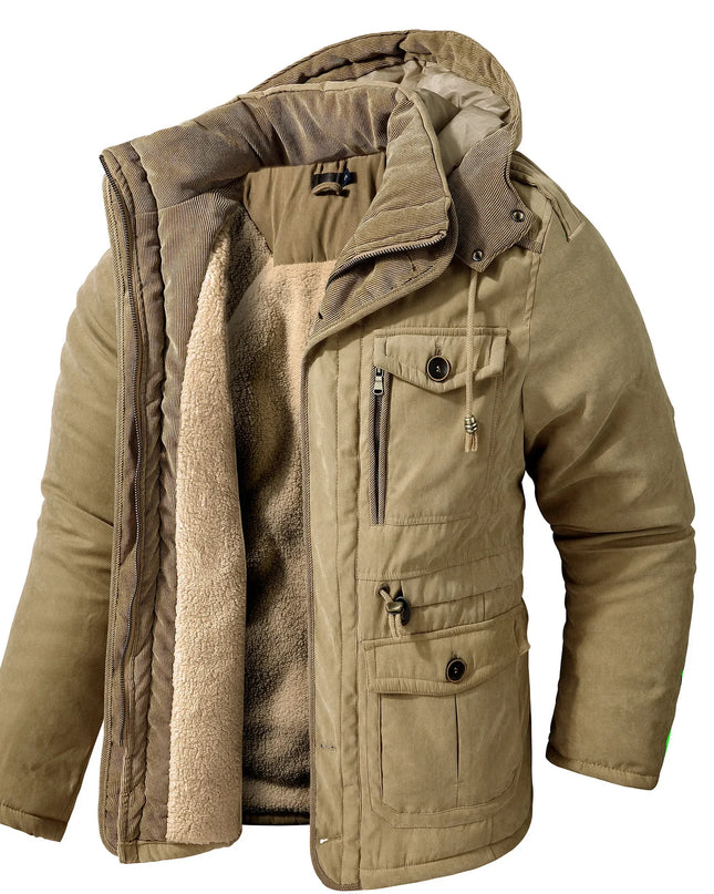 Men’s Hooded Fleece-Lined Cotton Parka – Thickened Mid-Length Winter Coat with Multi-Pockets