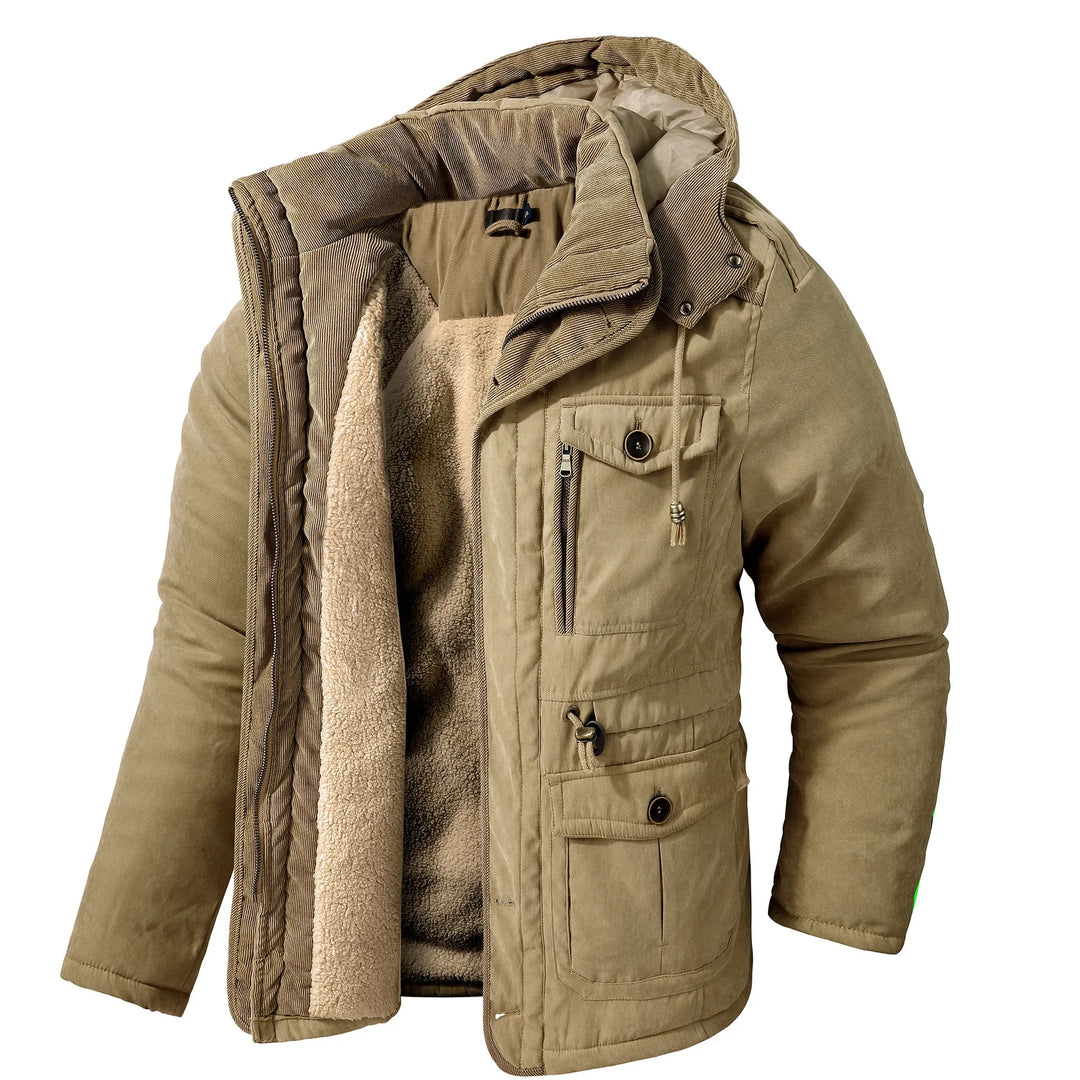 Men’s Hooded Fleece-Lined Cotton Parka – Thickened Mid-Length Winter Coat with Multi-Pockets-HighTouch