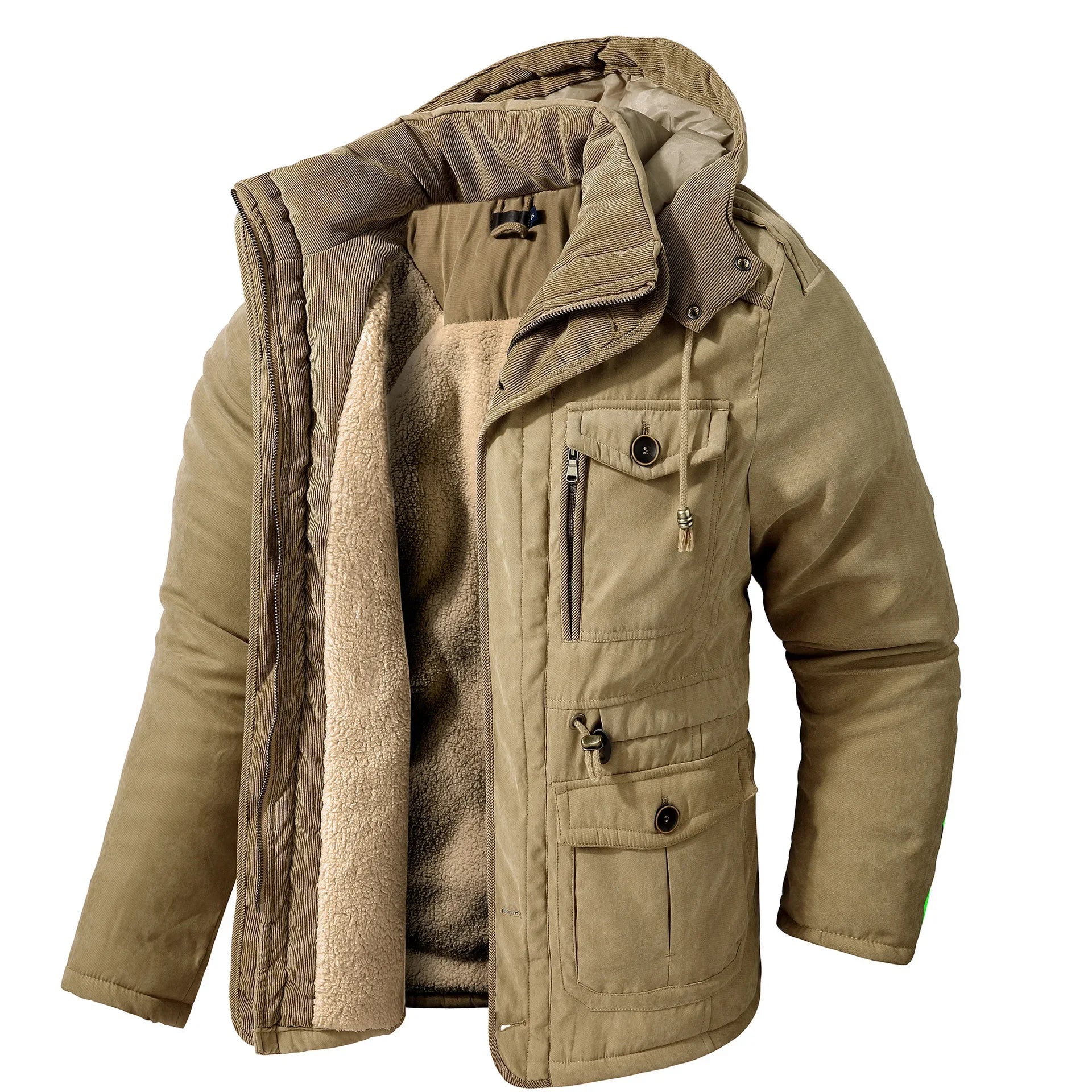 Men’s Hooded Fleece-Lined Cotton Parka – Thickened Mid-Length Winter Coat with Multi-Pockets-HighTouch