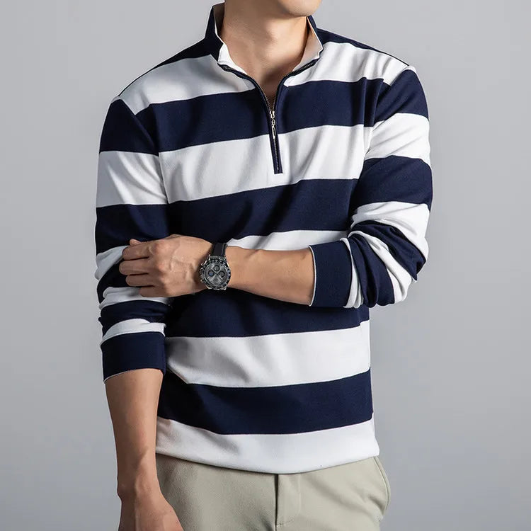 Stand-Up Collar Striped Long Sleeve Tee – Soft Cotton Blend Autumn Staple-HighTouch