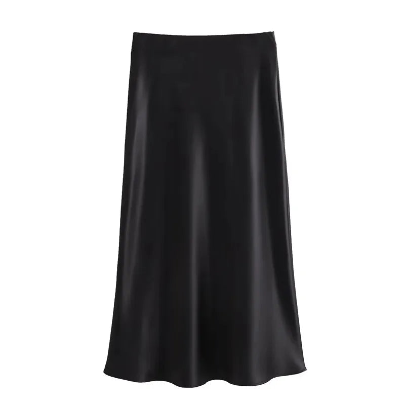 Women’s Satin High Waist Midi Skirt – Elegant Summer Office Skirt