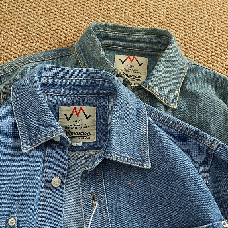 Retro Heavyweight Denim Cargo Shirt Men  Cotton Washed Overshirt Jacket