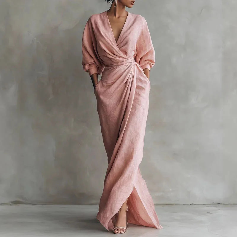 Linda - Boho V Neck Wrap Waist Maxi Dress