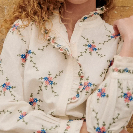 Women’s Floral Embroidery Stand-Collar Ruffle Blouse