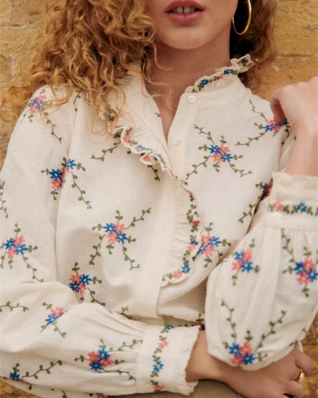 Women’s Floral Embroidery Stand-Collar Ruffle Blouse