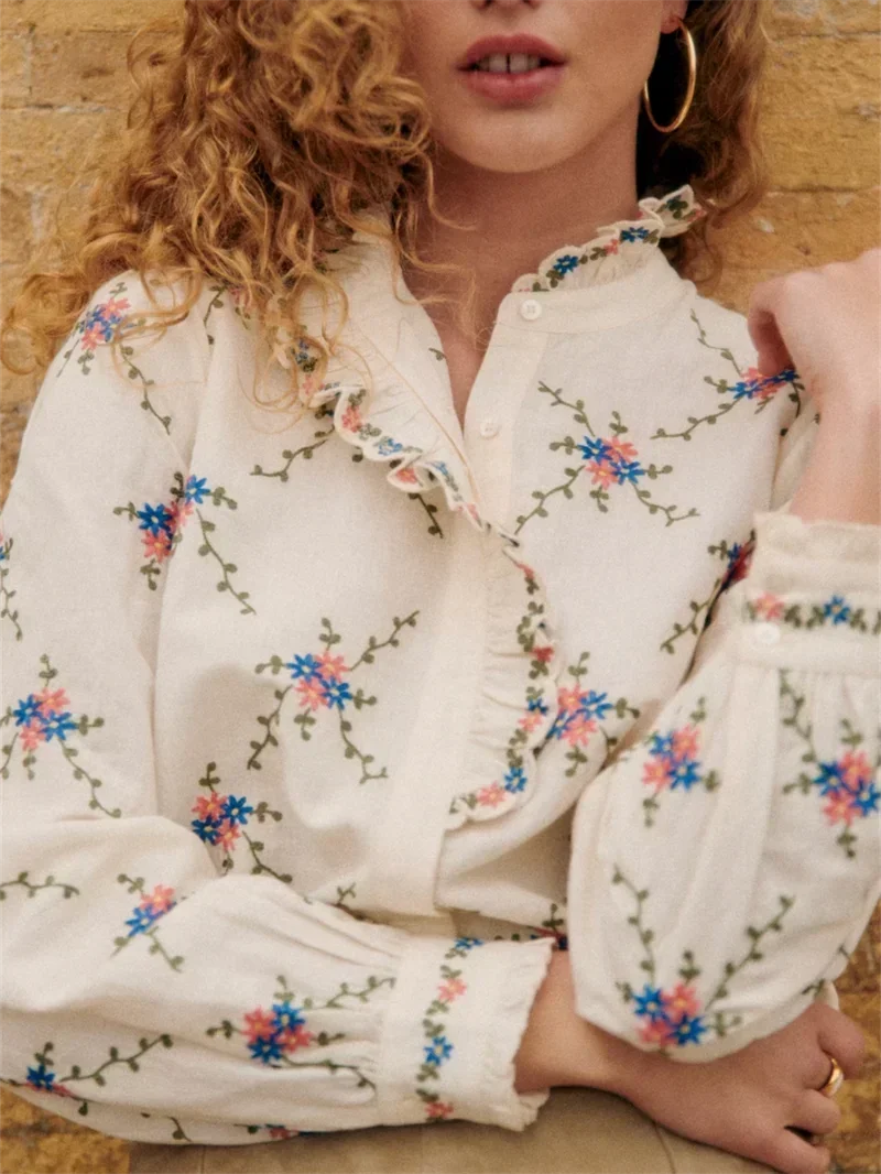 Women’s Floral Embroidery Stand-Collar Ruffle Blouse