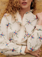 Women’s Floral Embroidery Stand-Collar Ruffle Blouse-HighTouch