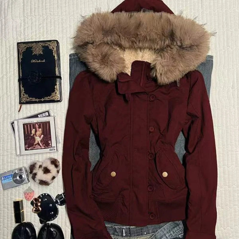 Winter Jacket Women Hooded Faux Fur Trim Fleece Lined Slim Coat