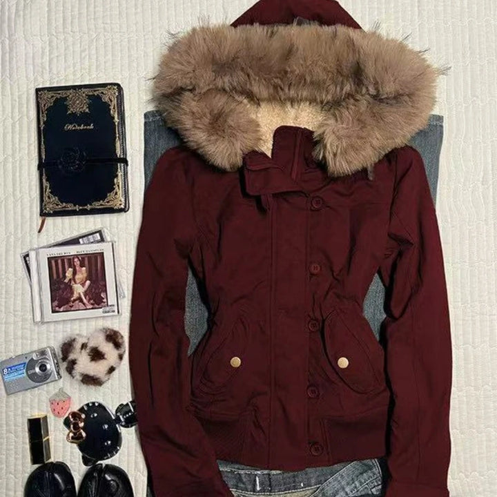 Winter Jacket Women Hooded Faux Fur Trim Fleece Lined Slim Coat