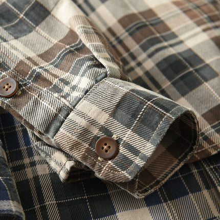 Vintage Wash Plaid Long-Sleeve Shirt Men  Cotton Flannel Casual Jacket