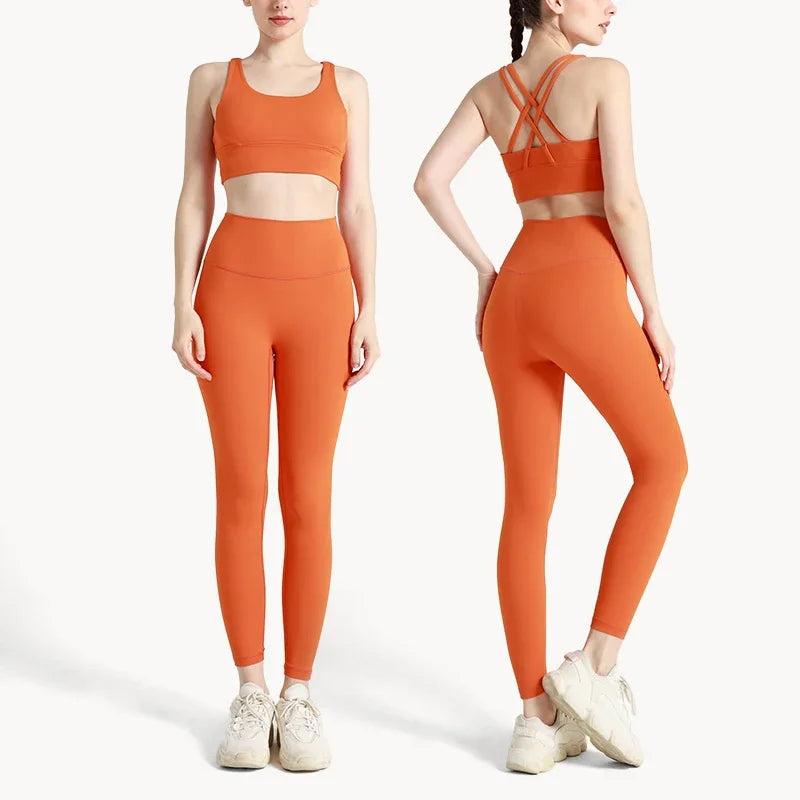 Summer New 2 Piece Yoga Clothes Women's Tracksuit Athletic Cross Back Nylon Yoga Top Women Sports Bra Leggings Pilates Fitness-HighTouch