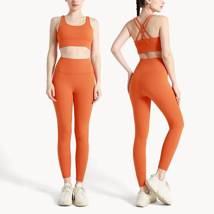 Summer New 2 Piece Yoga Clothes Women's Tracksuit Athletic Cross Back Nylon Yoga Top Women Sports Bra Leggings Pilates Fitness-HighTouch