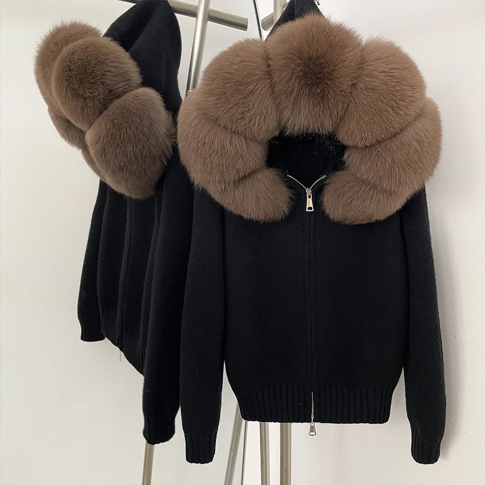 Women’s Hooded Knit Cardigan with Real Fox Fur – Casual Short Coat-HighTouch