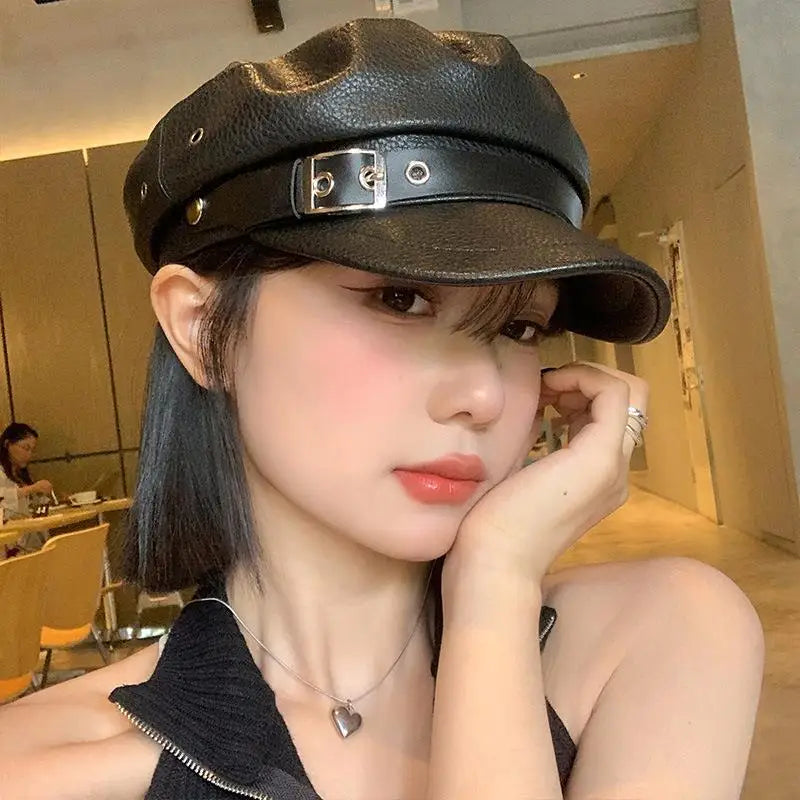 Winter Beret Women Black PU Leather Y2K Punk Newsboy Cap