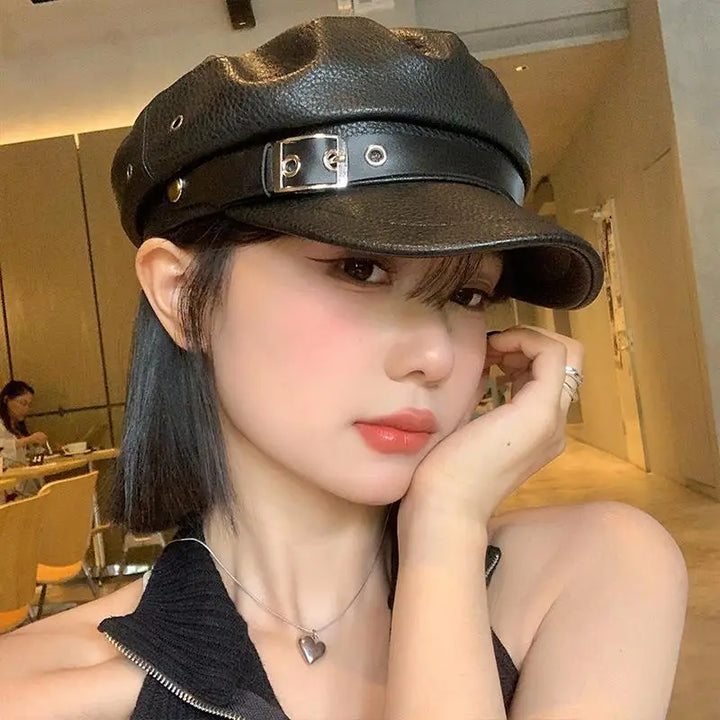 Winter Beret Women Black PU Leather Y2K Punk Newsboy Cap