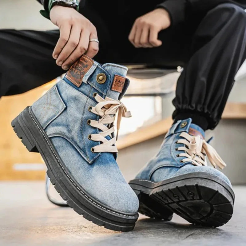 Size 48 Denim Lace-Up Men’s Platform Travel Boots