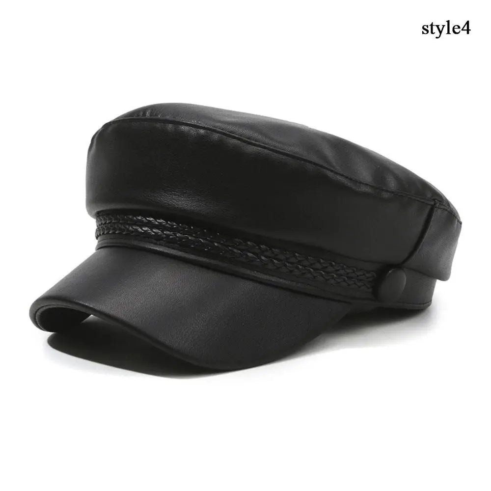 Winter Beret Women Black PU Leather Y2K Punk Newsboy Cap