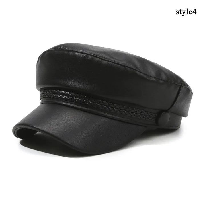 Winter Beret Women Black PU Leather Y2K Punk Newsboy Cap