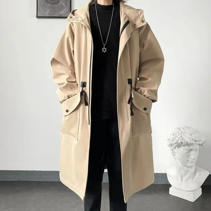 Army Green Hooded Mid-Length Windbreaker Coat Men