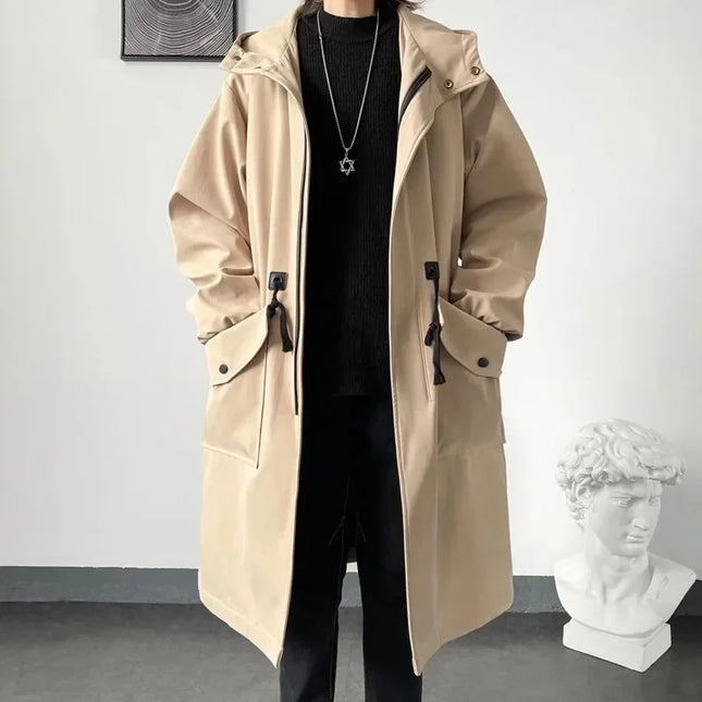 Army Green Hooded Mid-Length Windbreaker Coat Men