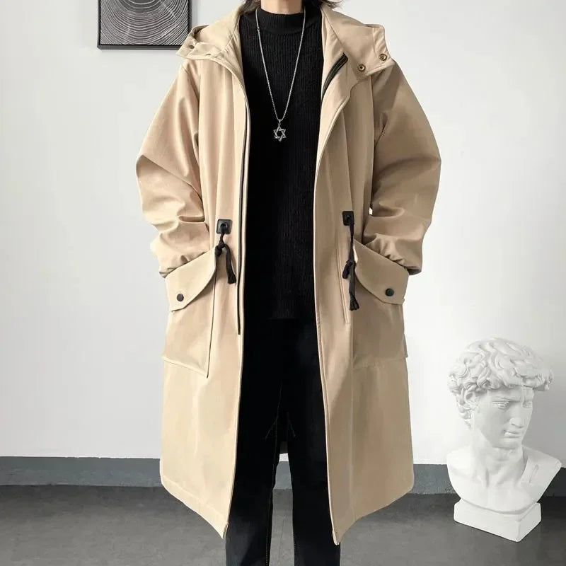 Army Green Hooded Mid-Length Windbreaker Coat Men-HighTouch