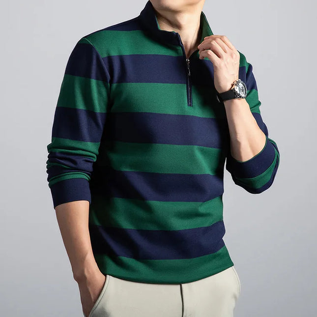 Stand-Up Collar Striped Long Sleeve Tee – Soft Cotton Blend Autumn Staple