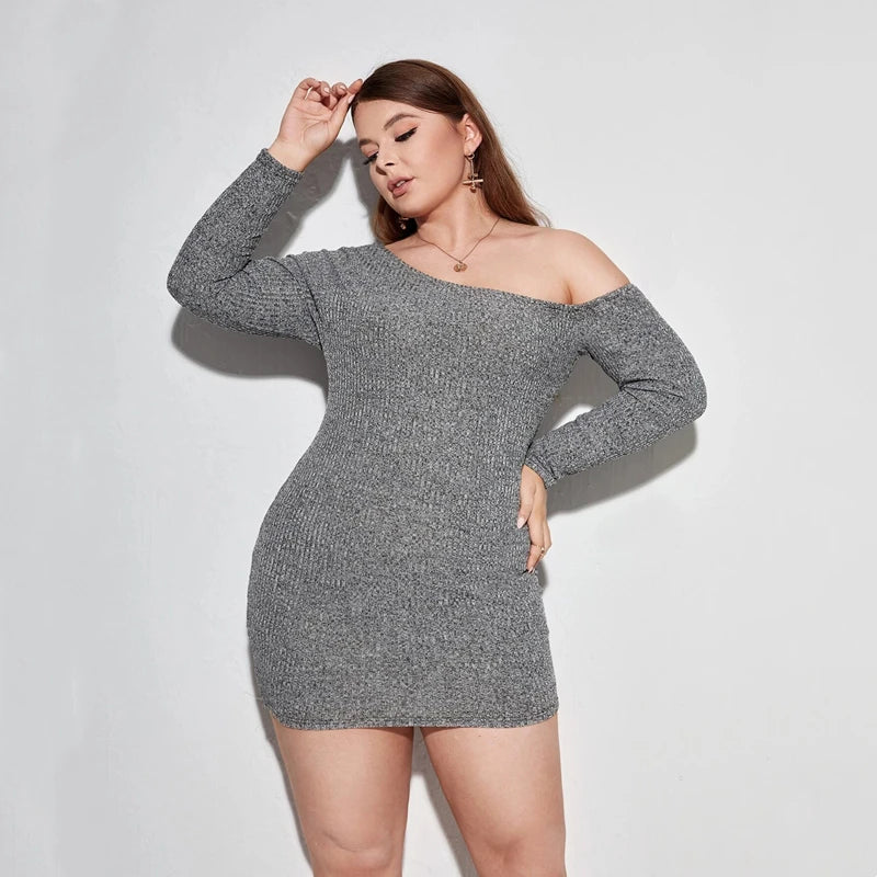 Plus-Size Oblique-Neck Long Sleeve Ribbed Bodycon Dress-HighTouch