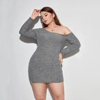 Plus-Size Oblique-Neck Long Sleeve Ribbed Bodycon Dress-HighTouch