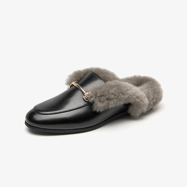 Beau Today Women's Calfskin Leather Mules with Rabbit Fur Lining