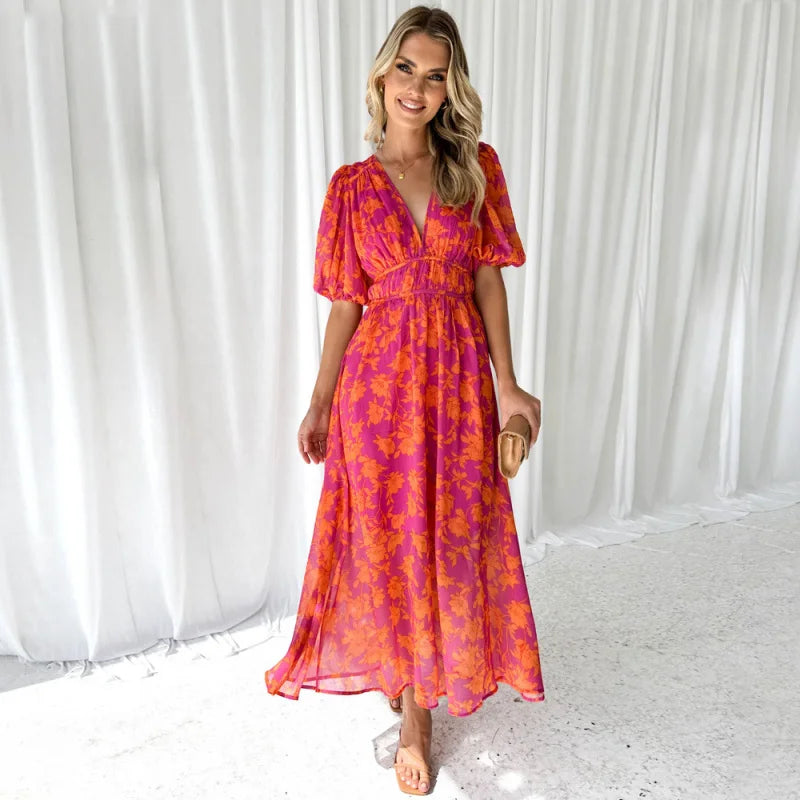 Boho Puff-Sleeve Maxi Dress – Printed, Waist-Trimming & Effortless Holiday Style-HighTouch