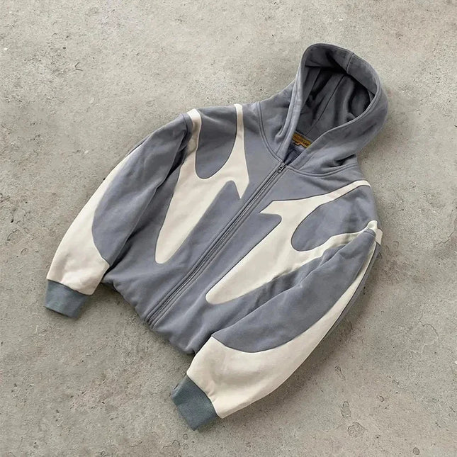 American- Retro Letter Printed Zip‑Up Hoodie