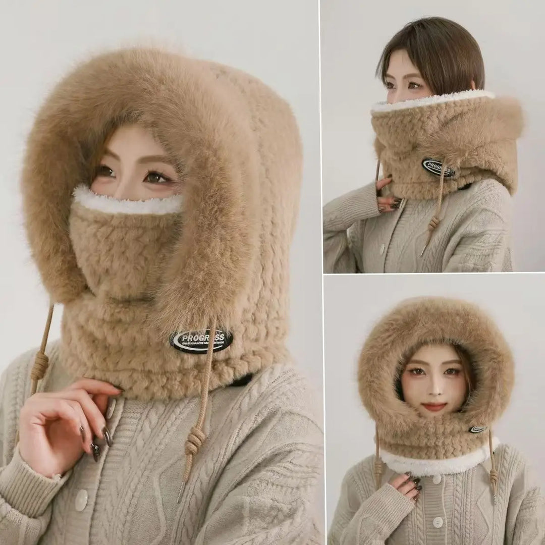 Winter Women's Plush Hooded Hat Scarf Mask 3-in-1 Ear Cover