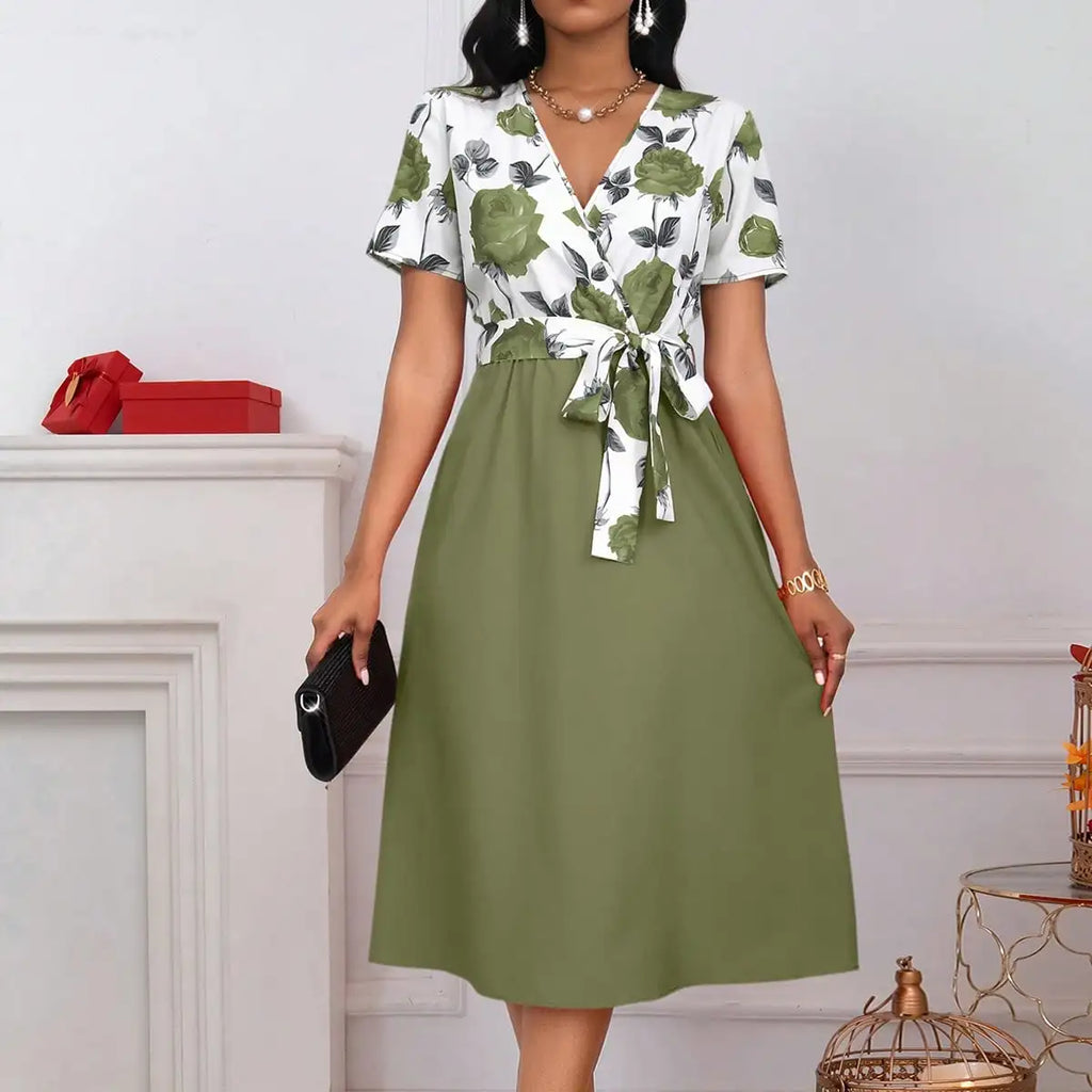 Women's Floral Print V-Neck Tie Waist Midi Dress