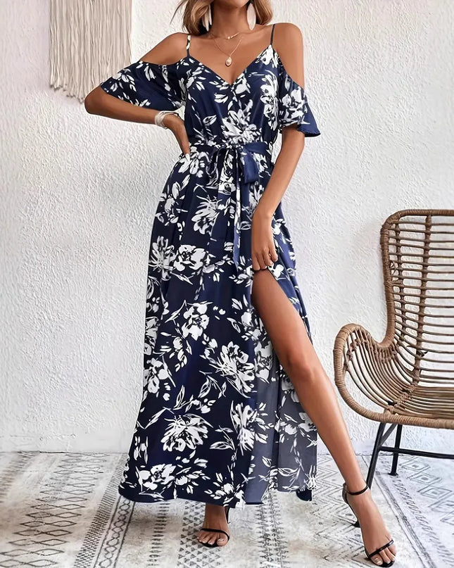 Boho Floral Cold-Shoulder Split Maxi Dress Women