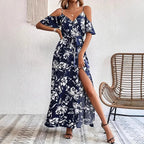 Boho Floral Cold-Shoulder Split Maxi Dress Women-HighTouch