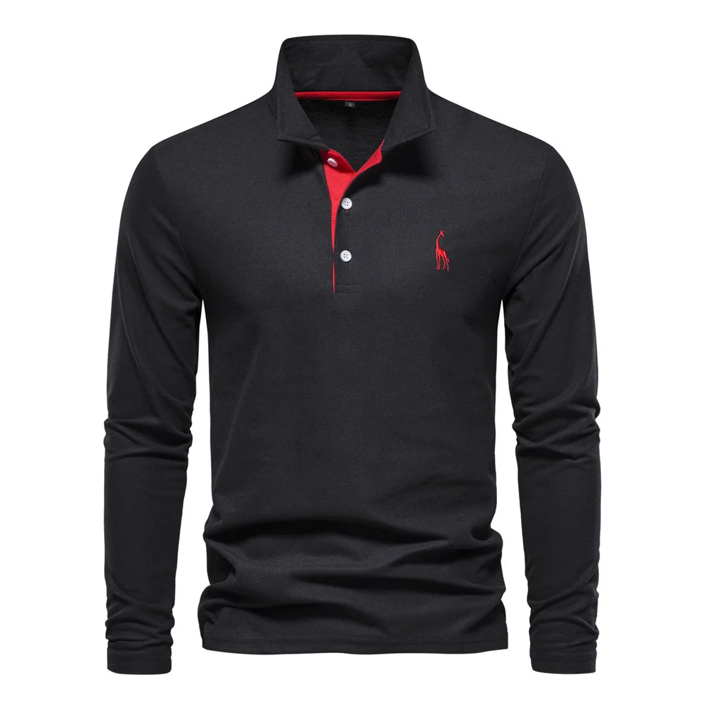 Men’s Deer-Embroidered Long Sleeve Polo-HighTouch