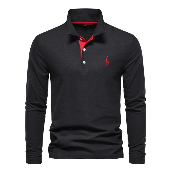 Men’s Deer-Embroidered Long Sleeve Polo-HighTouch