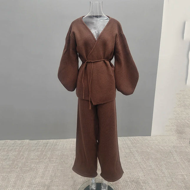 Knit Zip-Up Cardigan & Wide-Leg Pants Set