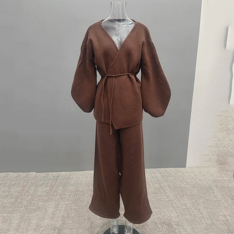 Women’s Knit Matching Set Zip Cardigan Wide Leg Pants Cozy Outfit-HighTouch