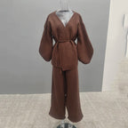 Women’s Knit Matching Set Zip Cardigan Wide Leg Pants Cozy Outfit-HighTouch