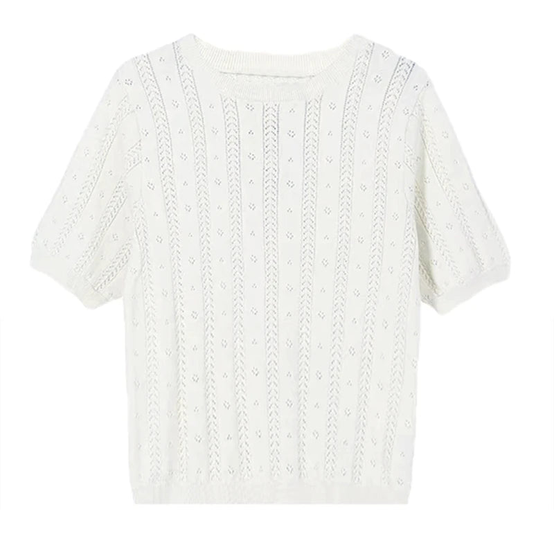 Distressed 100% Cotton Tee – Korean Knit Summer Top-HighTouch