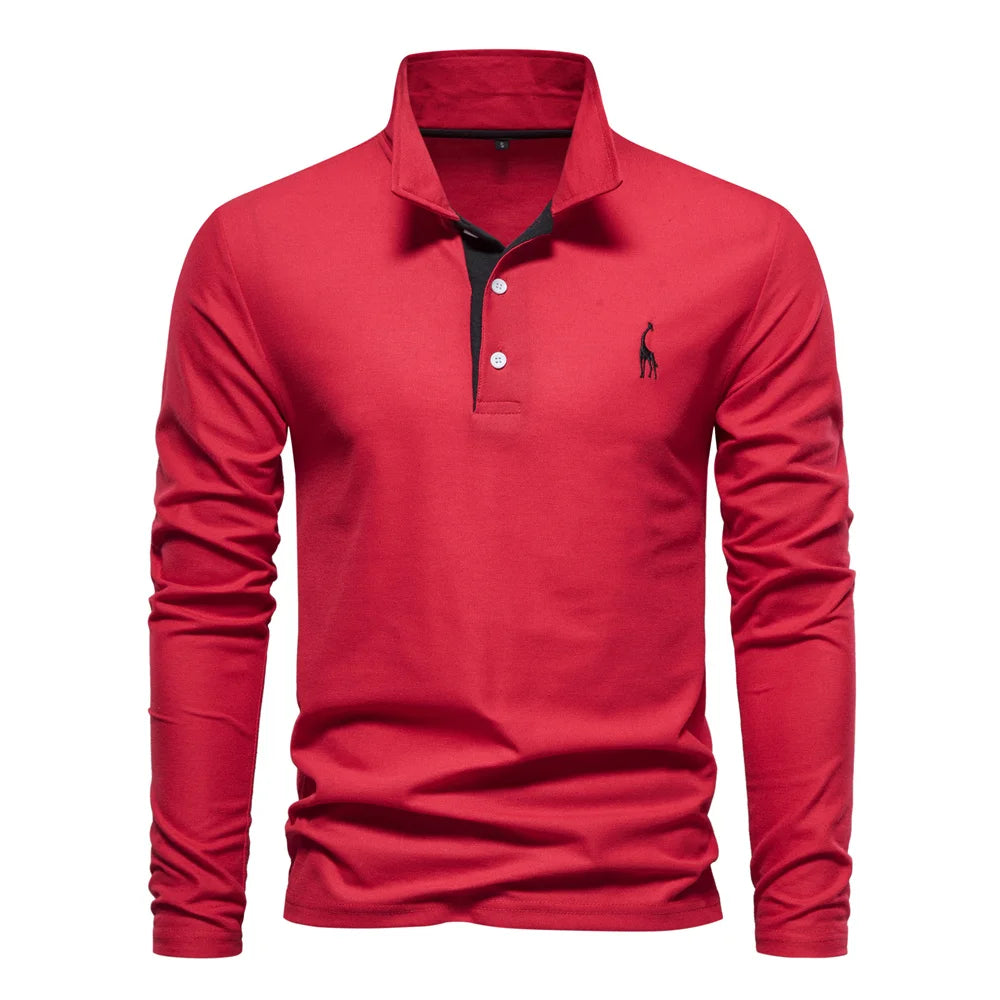 Men’s Deer-Embroidered Long Sleeve Polo-HighTouch