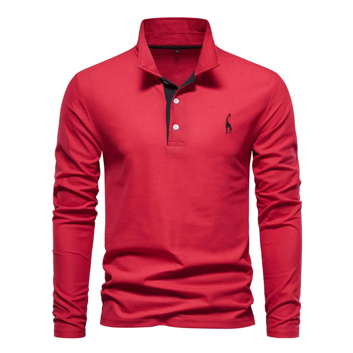 Men’s Deer-Embroidered Long Sleeve Polo-HighTouch