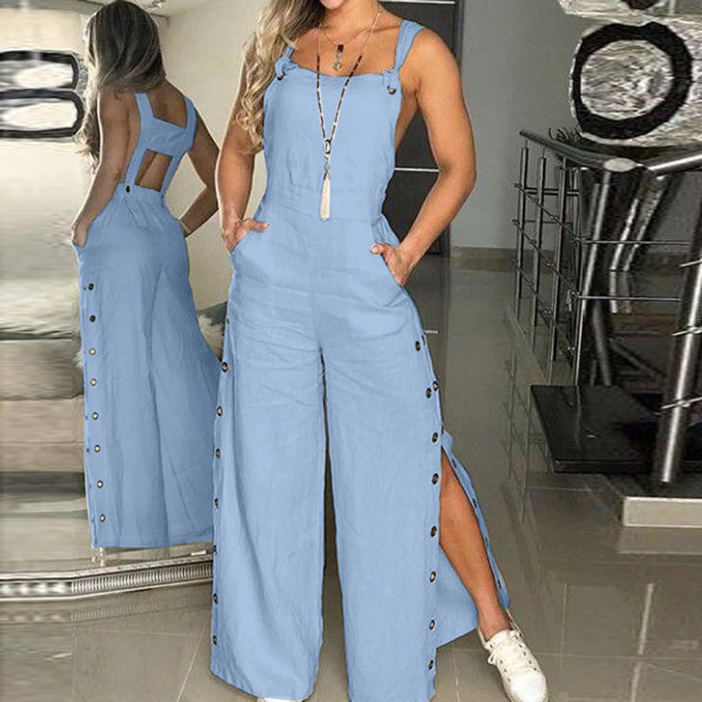 Women's Cotton Linen Strappy Playsuit – Wide Leg Summer Jumpsuit-HighTouch