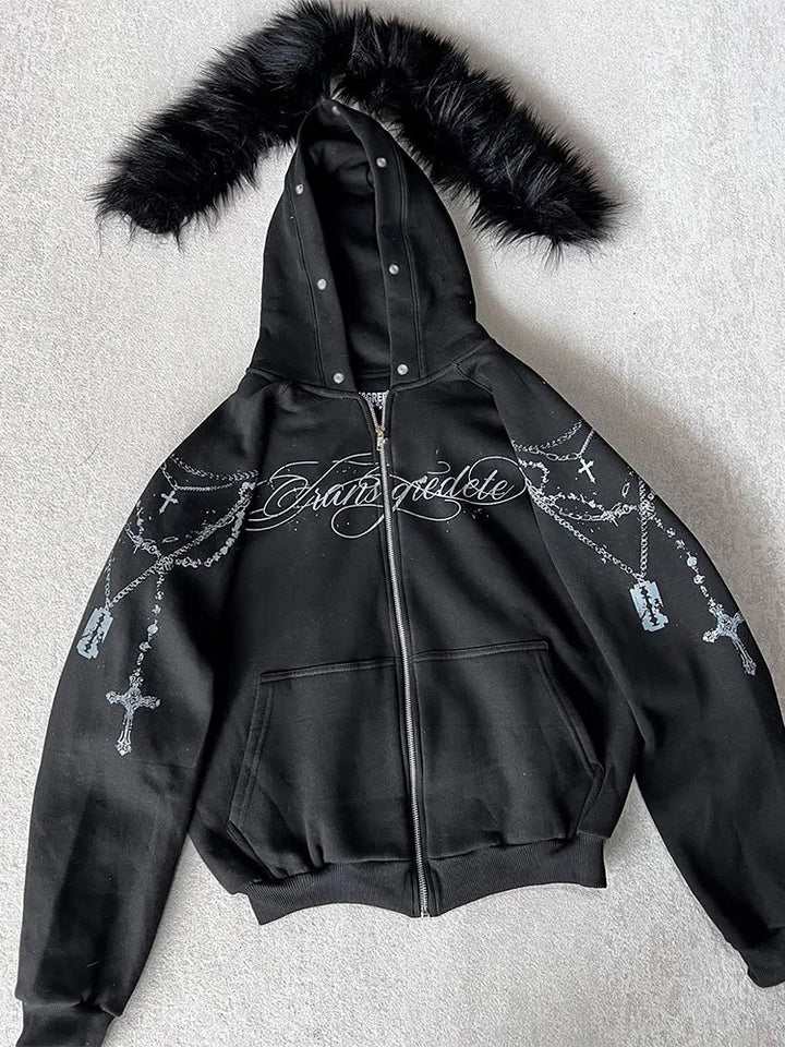 Winter Fashion Streetwear Women's Gothic Punk Faux Fur Hooded Jacket With Cross Print Trendy Edgy Zip - Up Sweatshirt