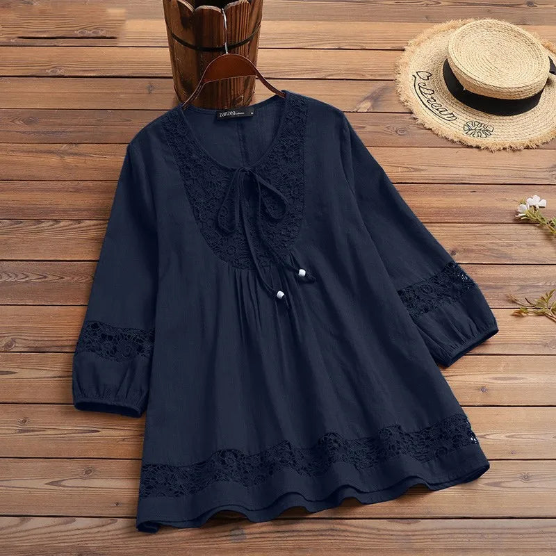 Cotton-Linen Lace Summer Blouse – ¾ Sleeve Casual Top-HighTouch