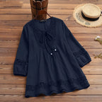Cotton-Linen Lace Summer Blouse – ¾ Sleeve Casual Top-HighTouch