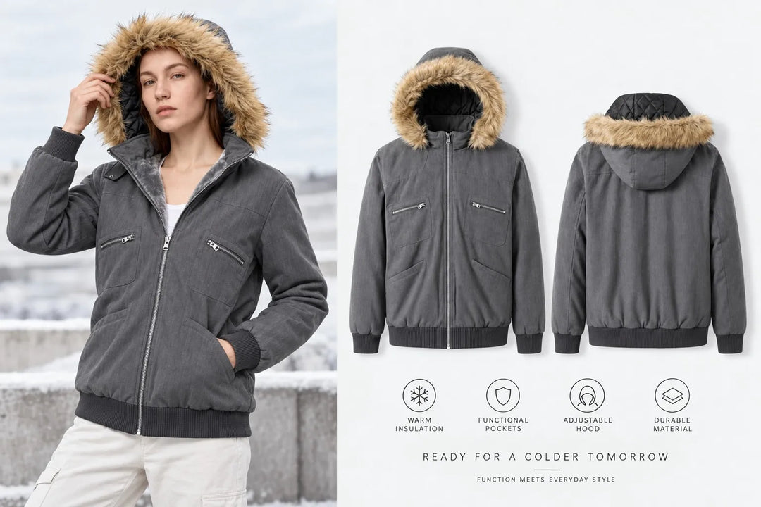 Winter Jacket Women Grey Faux Fur Hood Zip Pockets Slim Fit