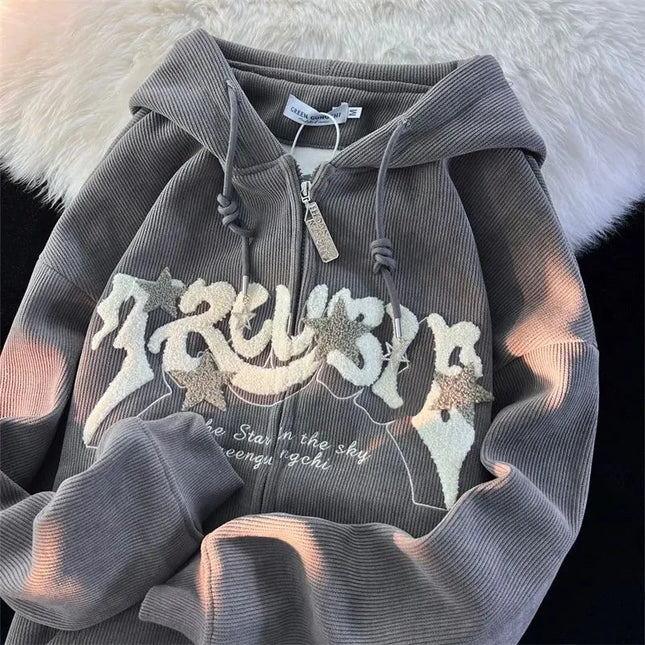 Hoodie Women Harajuku Zip-Up Embroidered Hoodie – Oversized Streetwear